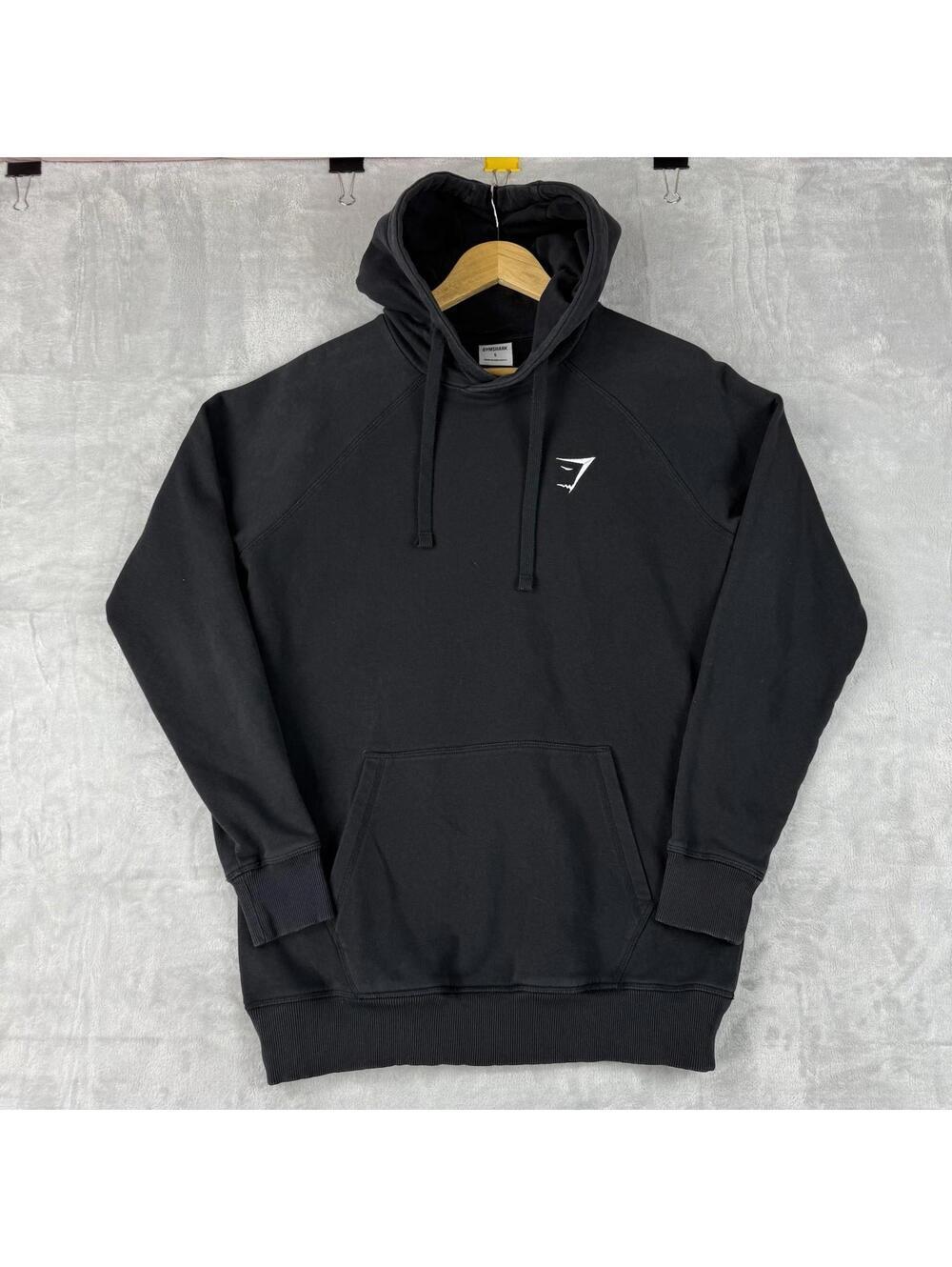 Gymshark Men's Balck Logo Hoodie Fleece Pullover Size S Workout Relaxed Hooded